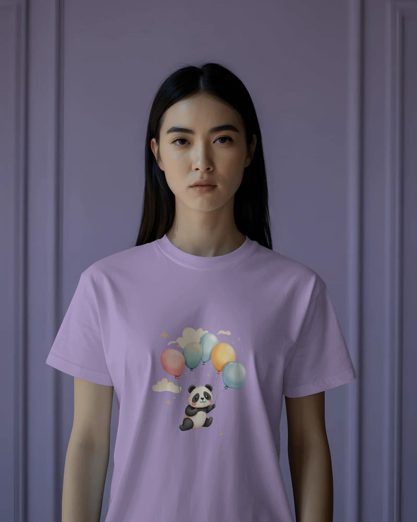 Flying Cute Panda- Women Half Sleeve Round Neck T-shirt