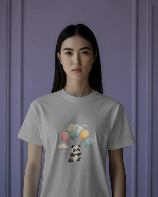 Flying Cute Panda- Women Half Sleeve Round Neck T-shirt