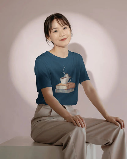 Bird, Book & Coffee- Women Half Sleeve Round Neck T-shirt
